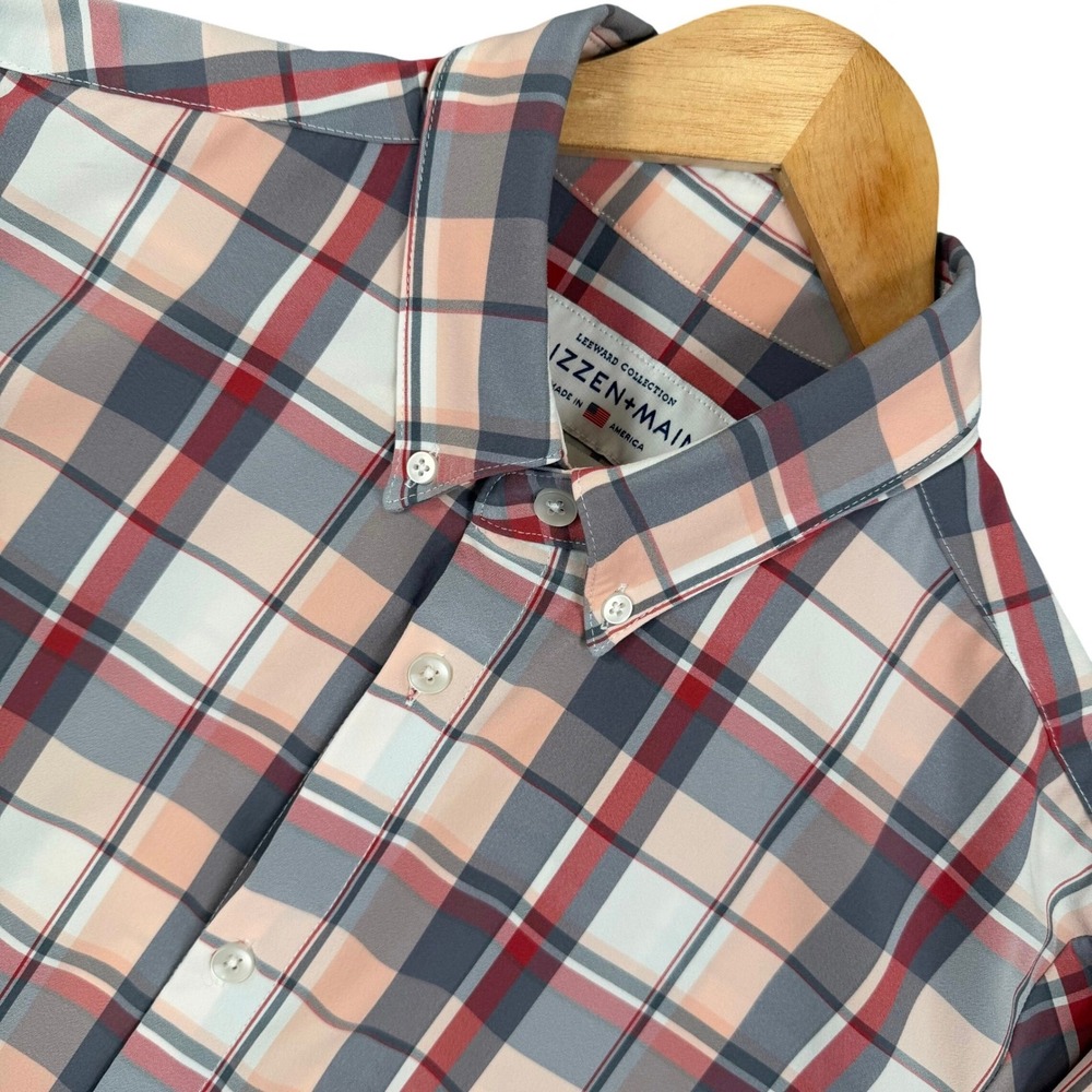 Mizzen+Main Leeward Shirt Mens L Pink Gray Plaid Performance Stretch Button Down